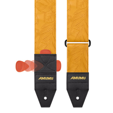 AMUMU Embossed Leaf Yellow Guitar Strap βYellow Vegan Leather with Double-Layer Top Grain Leather Ends VG01EB-YL-R